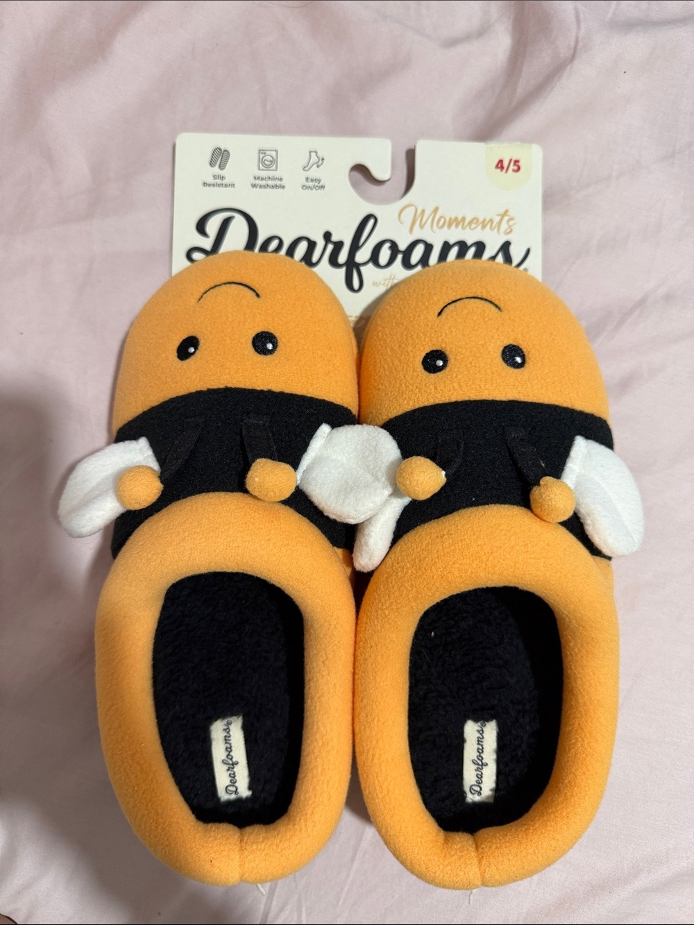 dearfoams Orange and Black Bee Plush Slippers  size 4-5 see pictures